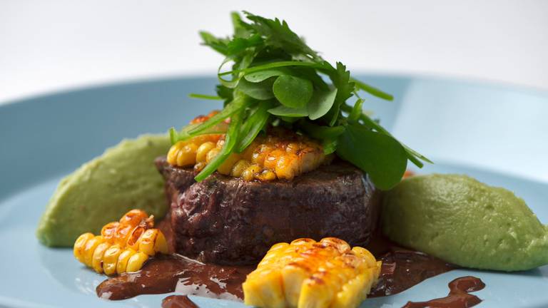 Beef Tenderloin with Dark Beer Mole, Corn & Guacamole