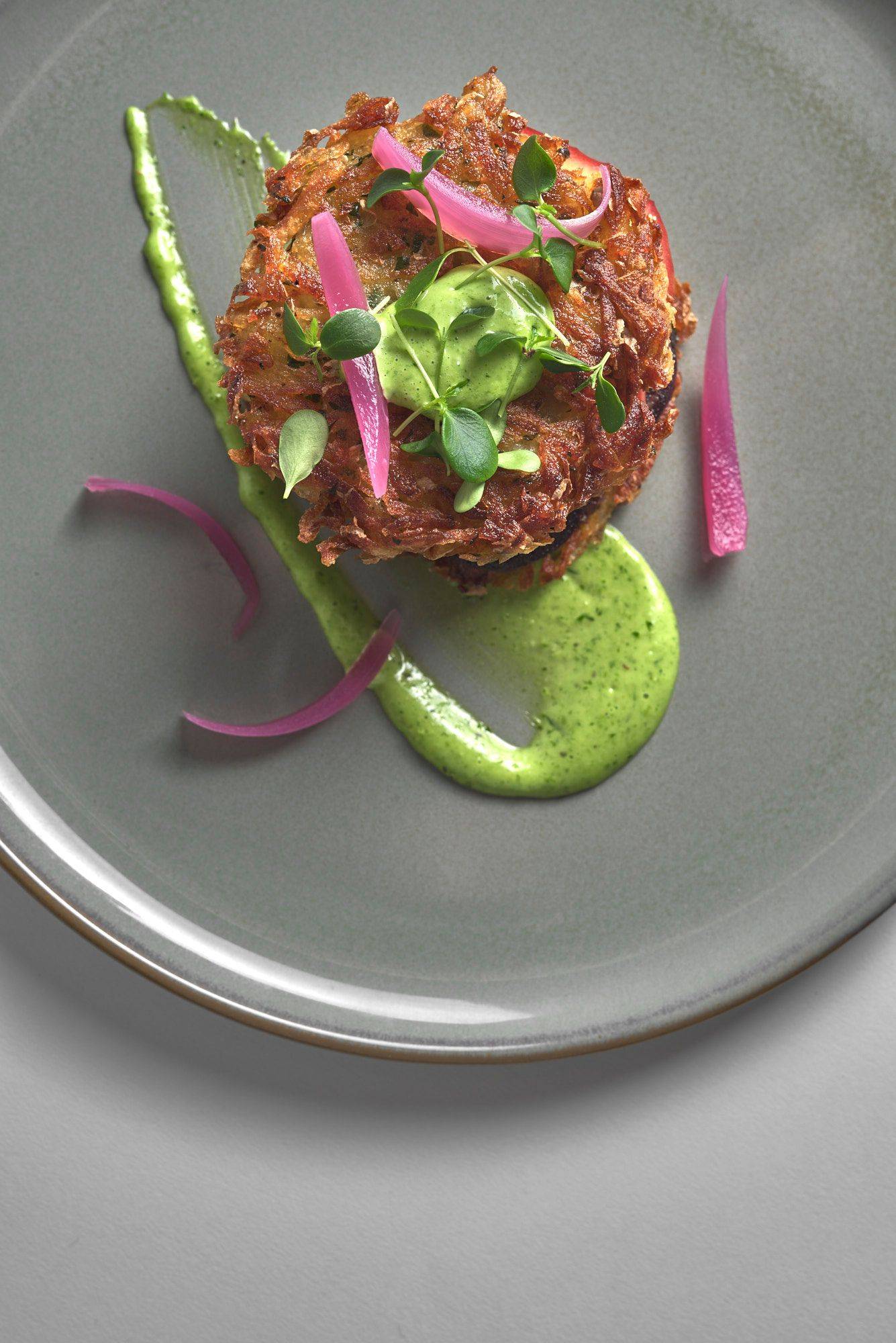 heaven-and-earth-burger heaven and earth burger on a gray plate with white background