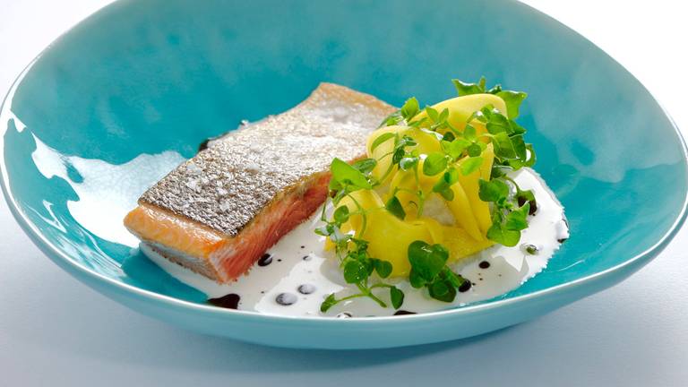 Crispy Salmon with Black Salsify, Coconut Broth & Spiced Coffee