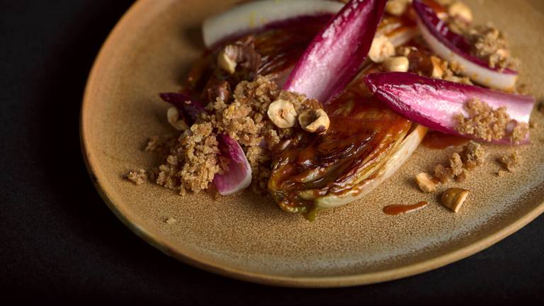 Rosehip Braised Chicory with Hazelnuts & Crispbread