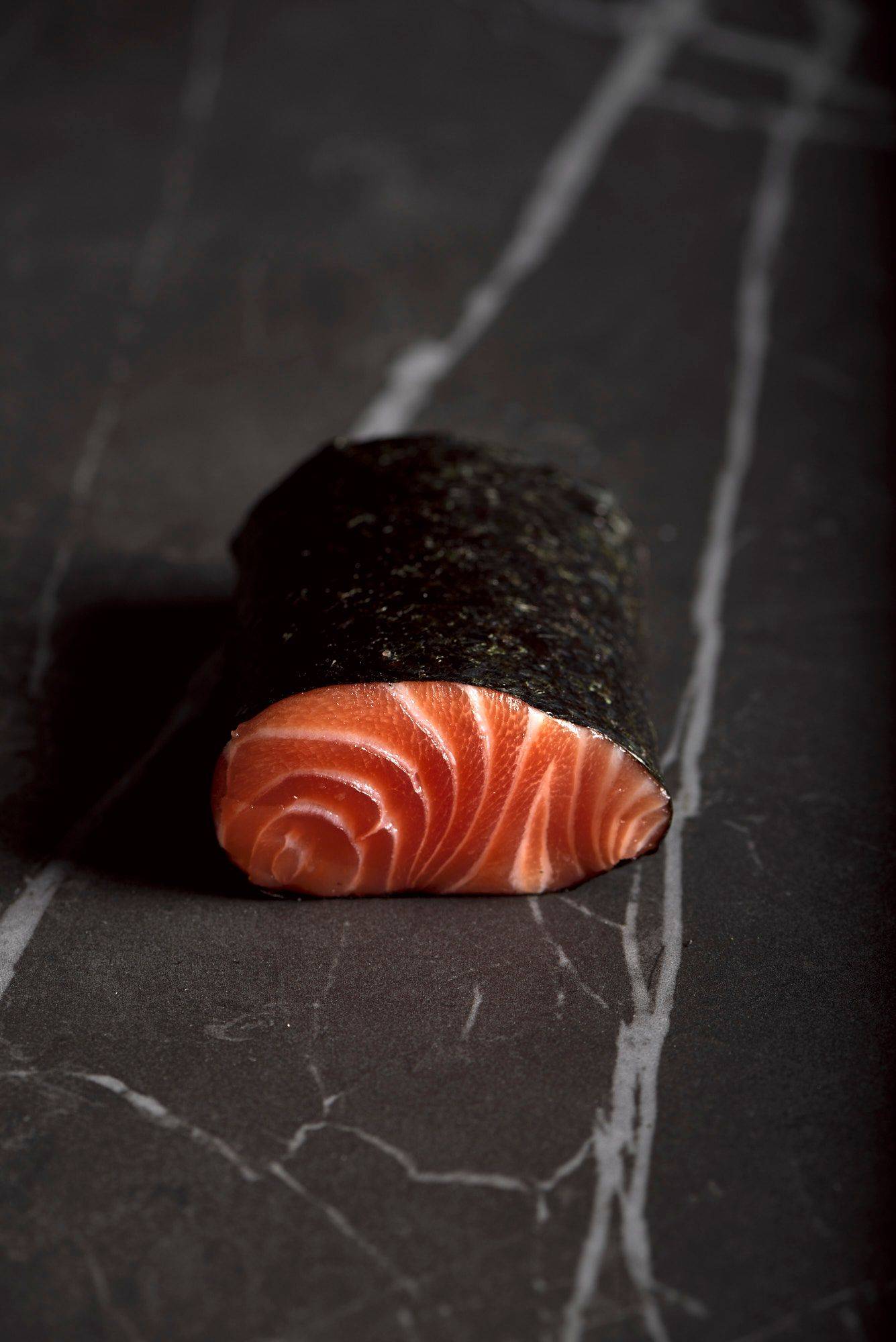 nori-wrapped-salmon nori wrapped salmon on a gray sapienstone top