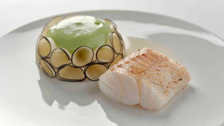Quince Poached Cod with Black Radish & Lovage