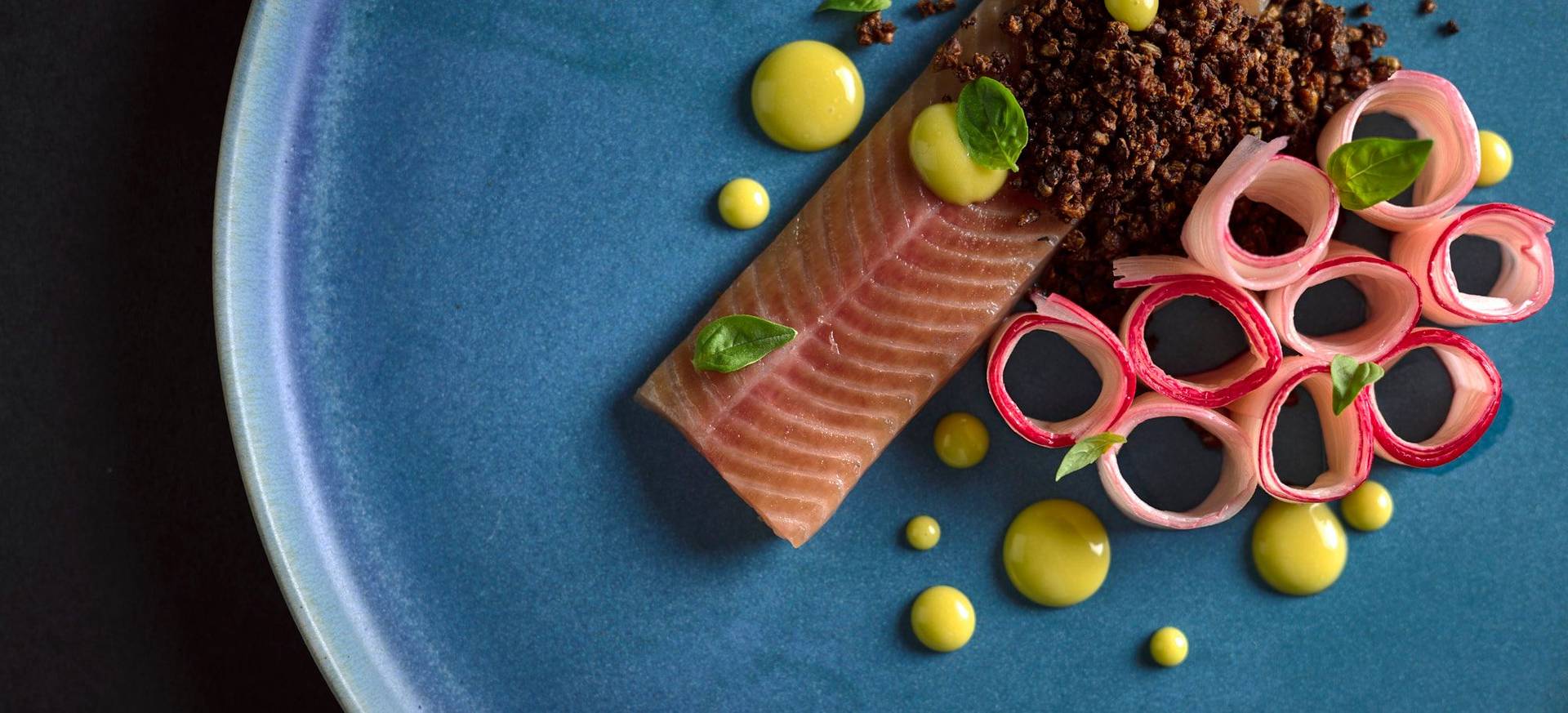 Basil & Orange Cured Char with Rhubarb and Tea Mayonnaise
