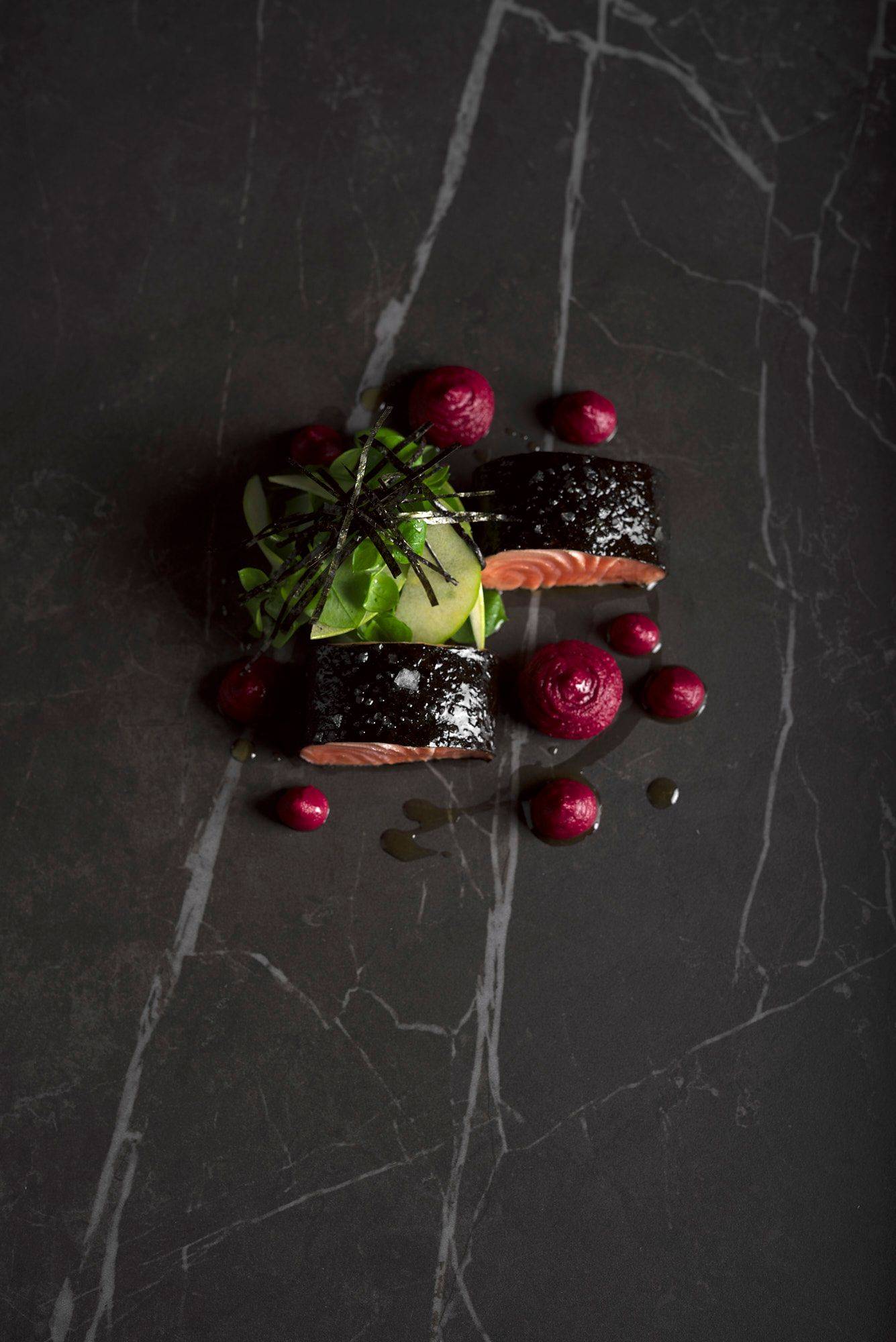 confit-salmon-with-beetroot-hummus confit salmon with beetroot hummus on a gray sapienstone top