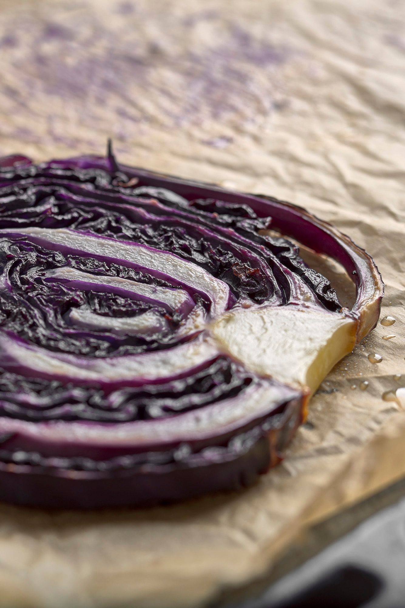 oven-roasted-red-cabbage oven roasted red cabbage on a baking sheet