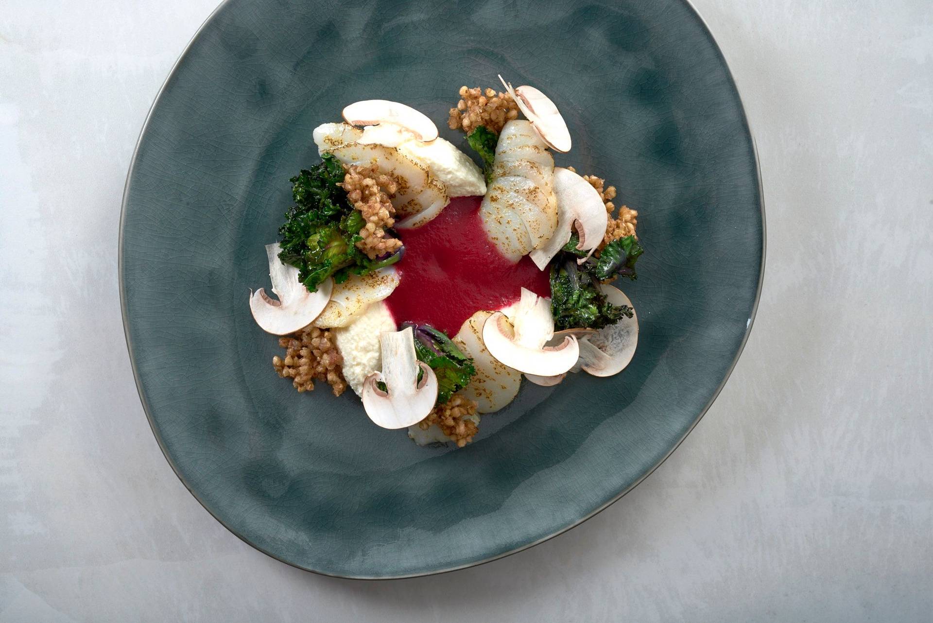 cod-with-beets-ricotta-whey-and-buckwheat-pops cod with beets ricotta whey and buckwheat pops on a gray plate with white sapienstone top