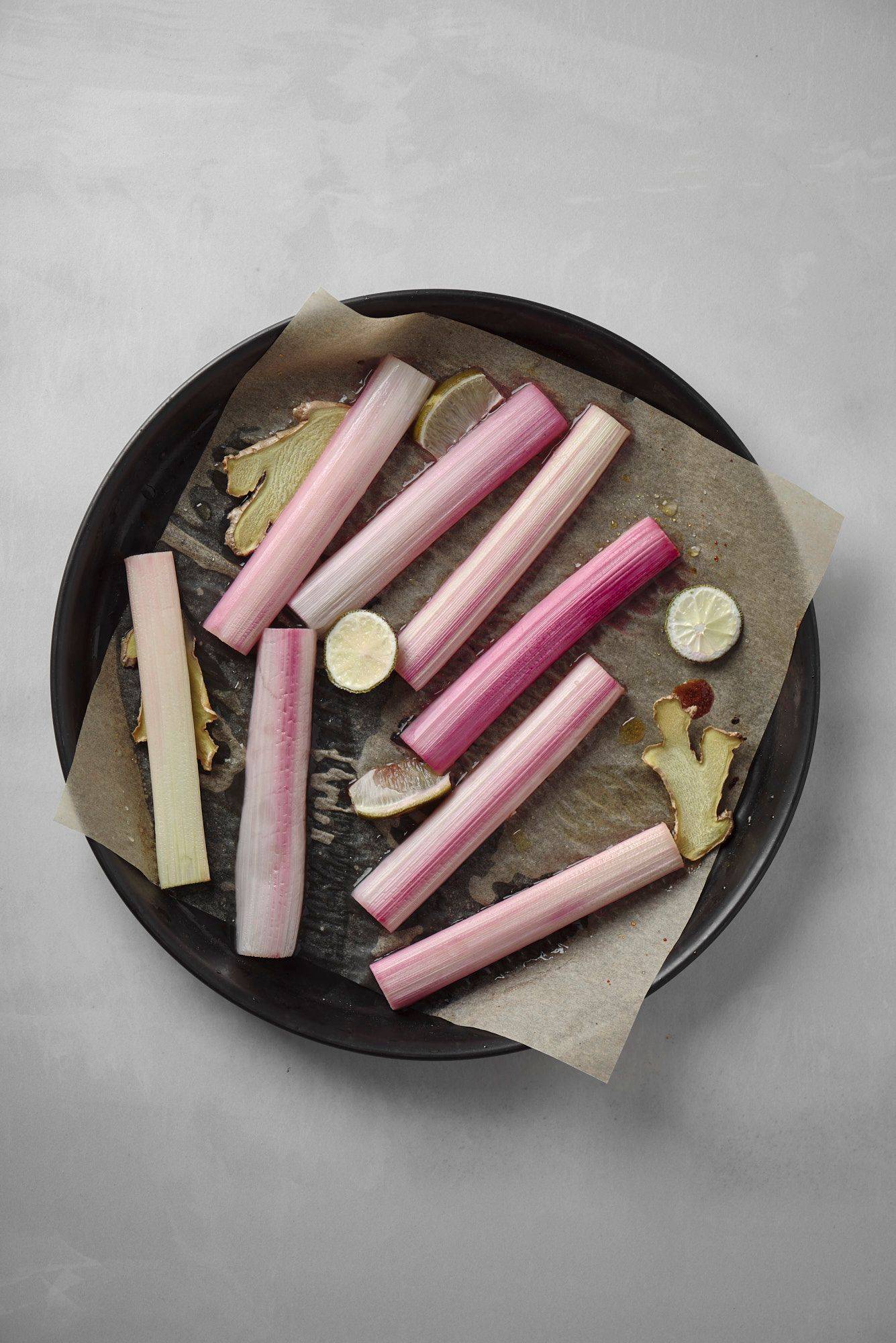 braised-rhubarb braised rhubarb in a baking pan with sapienstone top