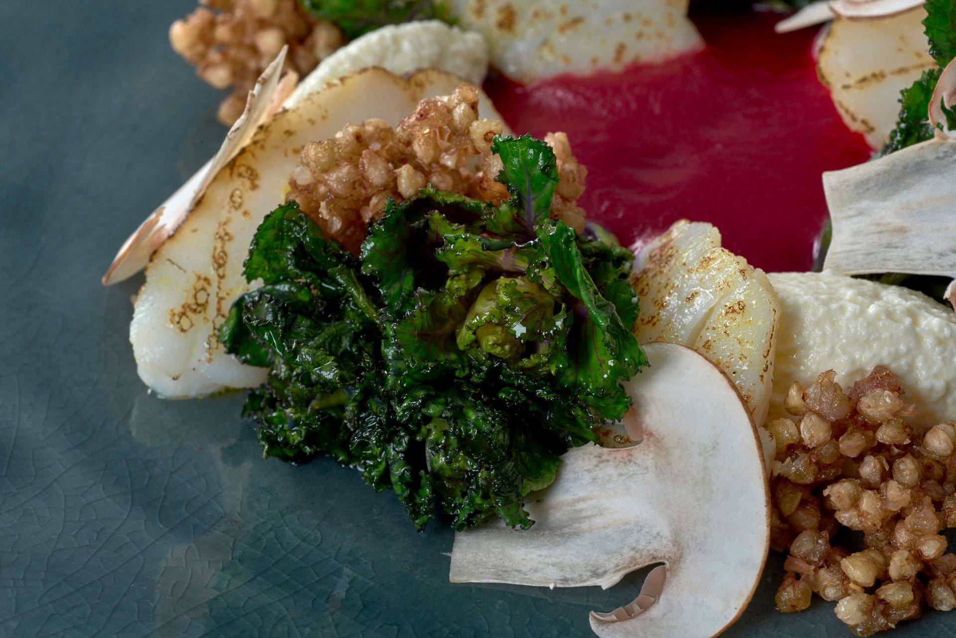 cod-with-beets-ricotta-whey-and-buckwheat-pops cod with beets ricotta whey and buckwheat pops on a gray plate