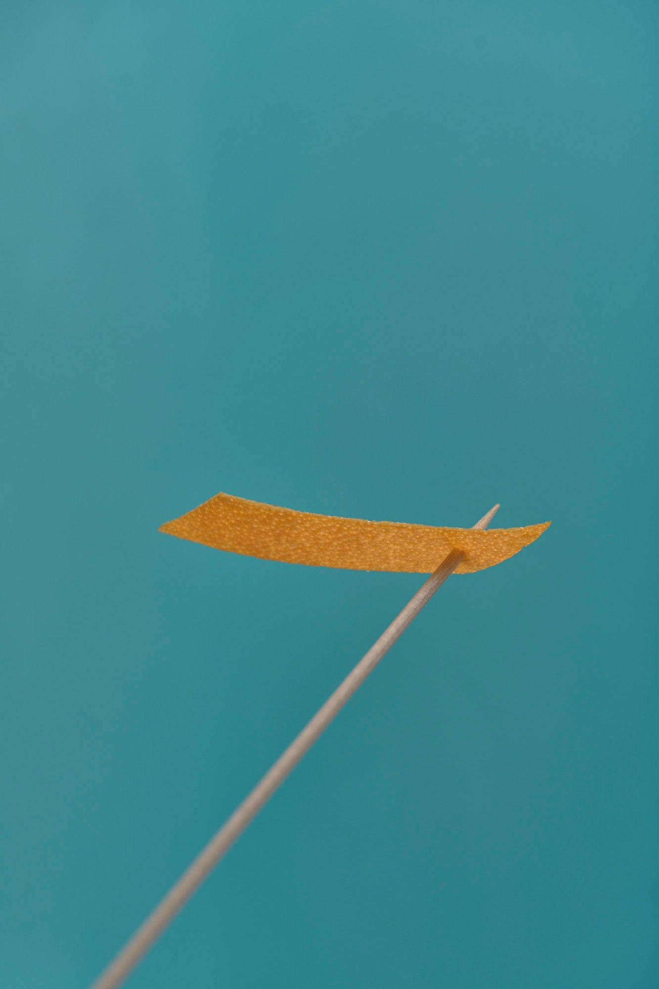 orange-zest orange zest on a wooden skewer on blue background