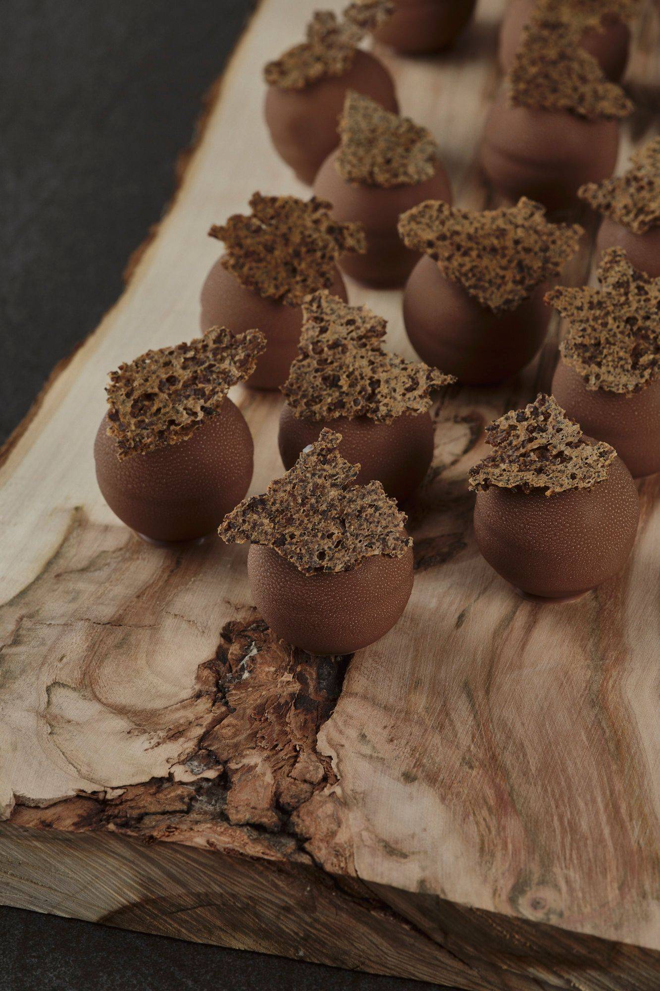 schokoladen-und-roggen-trueffel-pralinen schokoladen und roggen trueffel pralinen auf einem holzbrett mit grauem sapienstone top