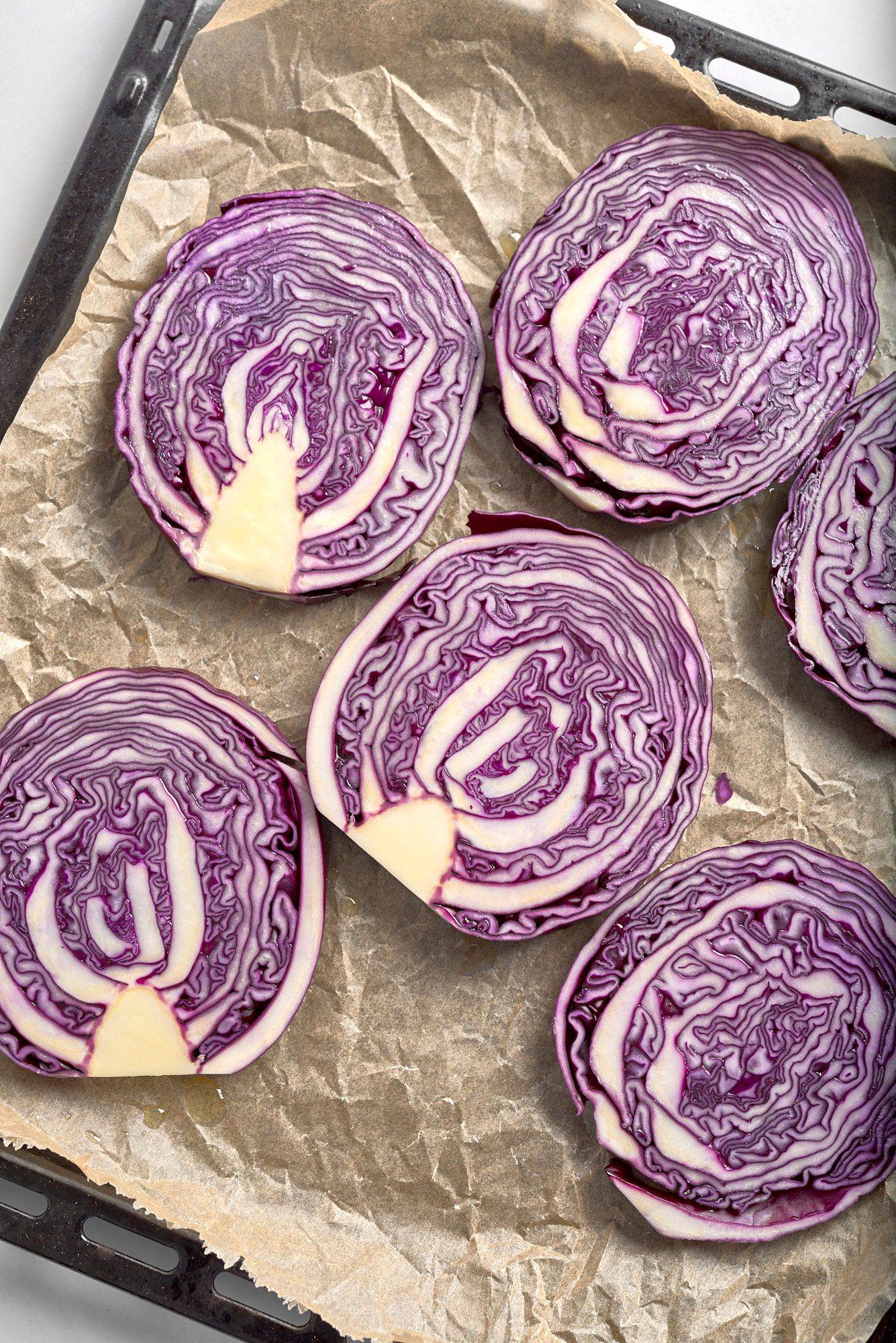marinated-red-cabbage marinated red cabbage on a baking sheet