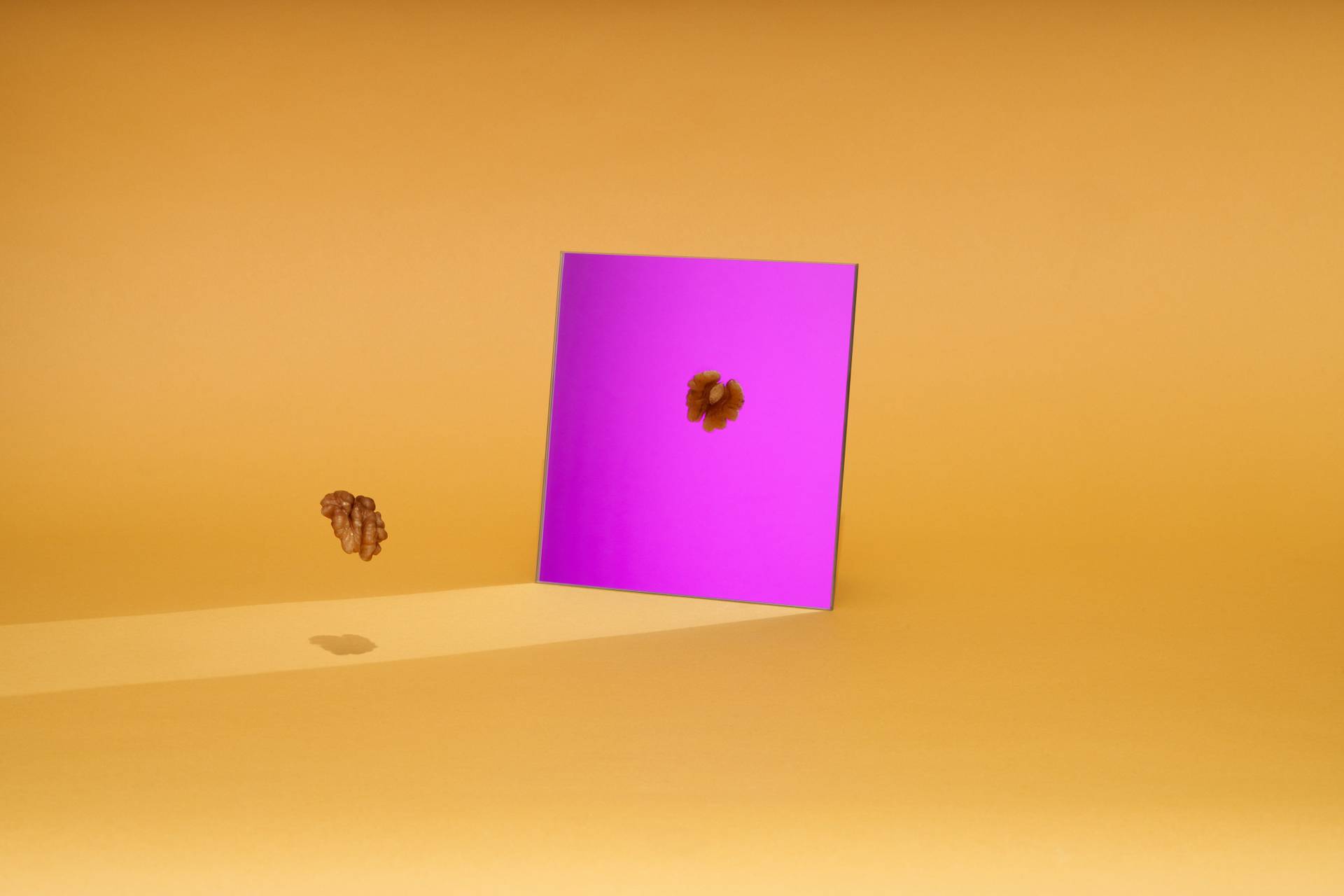 walnut walnut with purple mirror on yellow background
