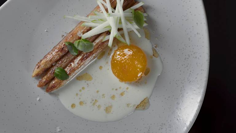 Roasted White Asparagus with Cured Egg Yolk, Basil & Green Apple