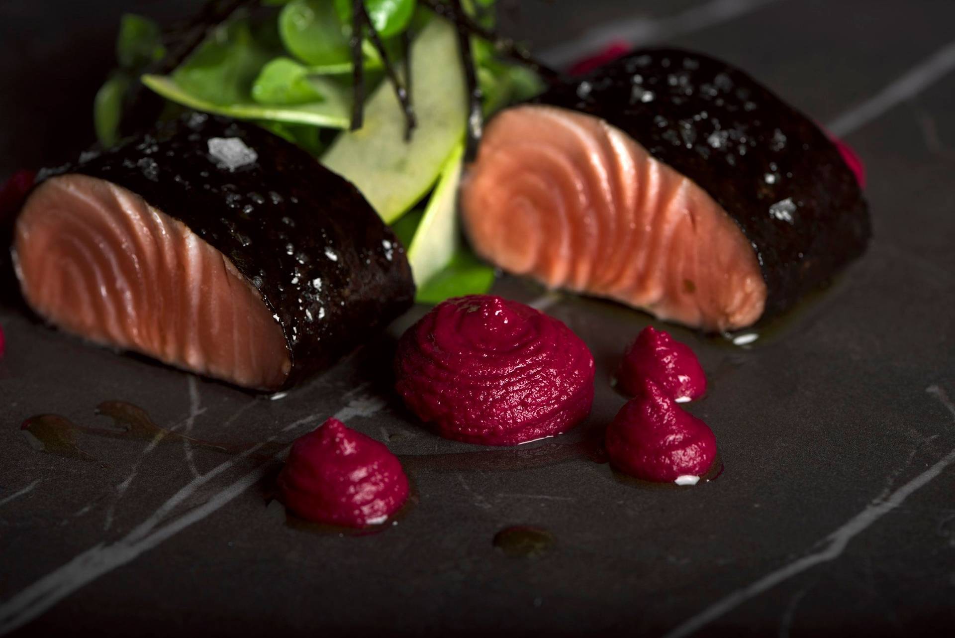 confit-salmon-with-beetroot-hummus confit salmon with beetroot hummus on a gray sapienstone top