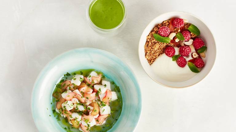 Hangover Breakfast with Sorrel Smoothie, Amaranth Bowl & Rhubarb Ceviche