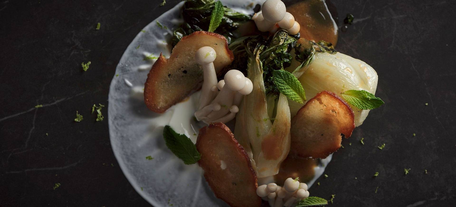 Miso Pak Choi with Mushroom Pickles & Pretzel Crisps